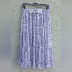 EUC LAPIS Gray Floral Multilayer w/Lining Maxi Skirt Leather Style Belt Medium